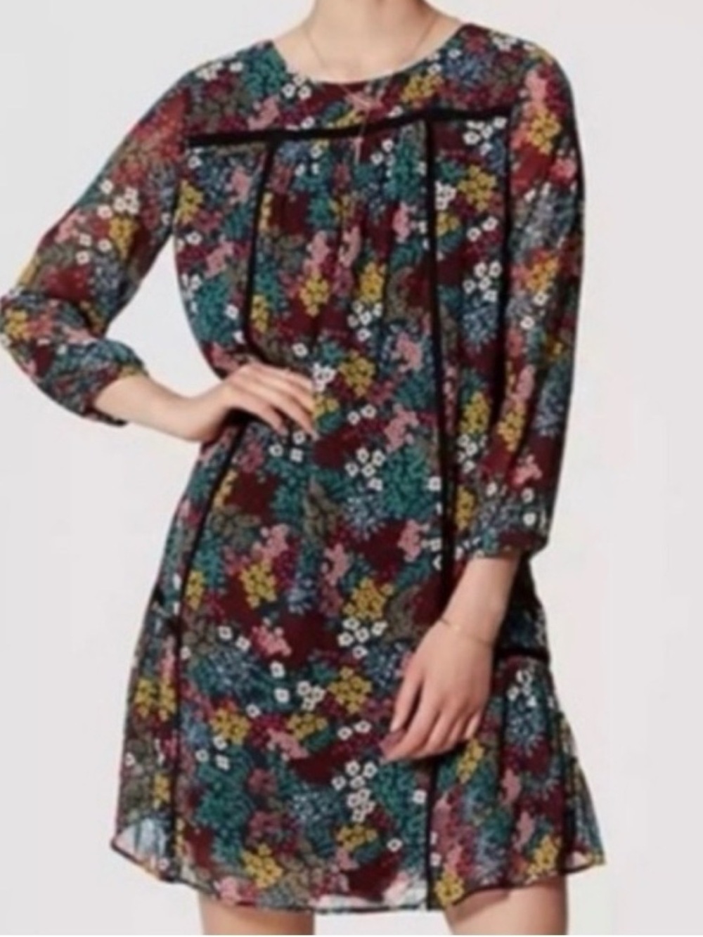 LOFT Burgundy Floral Dress with Teal & Mustard Accents